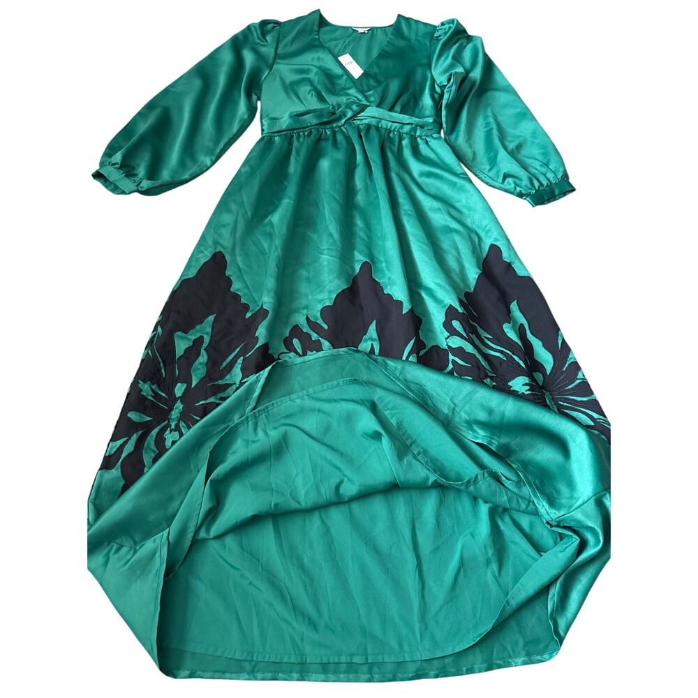 Anthropologie x Nikasha Embroidered Satin Maxi Dress Emerald Green Size Medium - Picture 10 of 12
